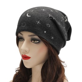 ZLYC Women Knit Slouchy Beanie Hats Soft Winter Stretch Skull Cap(Stars Dark Gray),One Size
