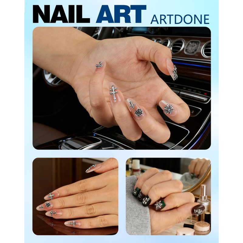 lulir 3D Nail Charms, 120PCS Silver Gothic Cross Nail Art