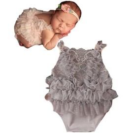 CUTEBBPHOTO Newborn Photography Outfits Girl Baby Photo Tutu Dress Newborn Photoshoot Romper Baby Picture Bodysuit Lace Outfit (Grey2)