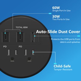 LIDER PD 65W GaN Technology Desktop Power Grommet, Power Delivery, USB-A and 2 USB-C Ports, Tamper-Resistant Receptacles, Self-Close Cover, Desk Charging Station, Black, 6.5ft Cord, ETL Listed