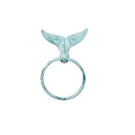 Handcrafted Nautical Decor Rustic Dark Blue Whitewashed Cast Iron Whale Tail Towel Holder 7.5" - Sea Life