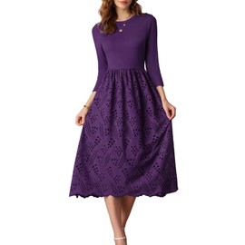 3/4 Sleeve Dress for Women Dressy Casual 2024 Eyelet Dress A Line Midi Dress Purple Formal Party Graduation Dress L