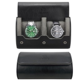 HELMDY Travel Watch Case - Two Watch Roll Storage Box Organizer for Men's Women's Wristwatches & Smart Watches up to 50mm (Black / 2 Slot)