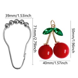 Cherry Bathroom Decor Curtain Hooks Rings for Bathroom Shower Rod (12pcs) - Rust Proof Metal Stainless Steel Curtain Ring Red Cherry Pendant Decoration