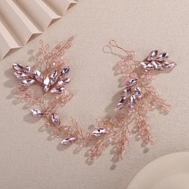 Teyglen Rose Gold Pink Rhinestone Wedding Hair Vine Bridal Crystal Headband for Bride Headpiece Hair Accessories Women Rhinestone Headband Head Piece for Bridesmaid(Pink)
