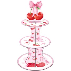 Keluna Cherry Bow Birthday Party Decorations - 3 Tier Pink Cherry Bow Cupcake Stand She's The Cherry Theme Party Supplies Dessert Tower Holder for Birthday Baby Shower Wedding Decorations