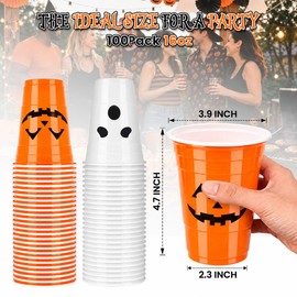100 Pack 16oz Halloween Plastic Cups - Orange & White