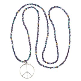 KELITCH Classic Peace Sign Necklace Love Hippie Pendant Frosted Crystal Beaded Necklace (Purple F)