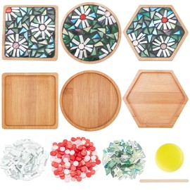 WEBEEDY 3 Styles DIY Mosaic Craft Kit Flower Mosaic Bamboo Coasters Kits for Adults Beginner, Green Glass Mosaic Tiles Pieces with Blank Base Tray for Handmade Art Home Decor