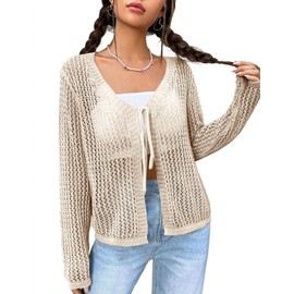 SECRETEYARD Womens Lightweight Crochet Cardigan Tie Front Shrugs Knit Crop Tops Beige