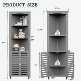 VECELO Bathroom Corner Cabinet, Triangle Open Shelving Shelf, Tall Freestanding Storage Hutch for Kitchen, Living Dining Room with Adjustable Storage Shelves and Doors, Grey