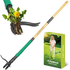 Weed Puller Tool with 2 Weed Eject Feature, 43.7in Stand Up Dandelion Remover Tool, Bamboo Handle & Metal 4 Claw with Foot Pedal
