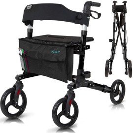 Vive Mobility Rollator Walker - Folding 4 Wheel Medical Rolling Walker with Seat & Bag - Mobility Aid for Adult, Senior, Elderly & Handicap (Midnight Black, Black Bag)