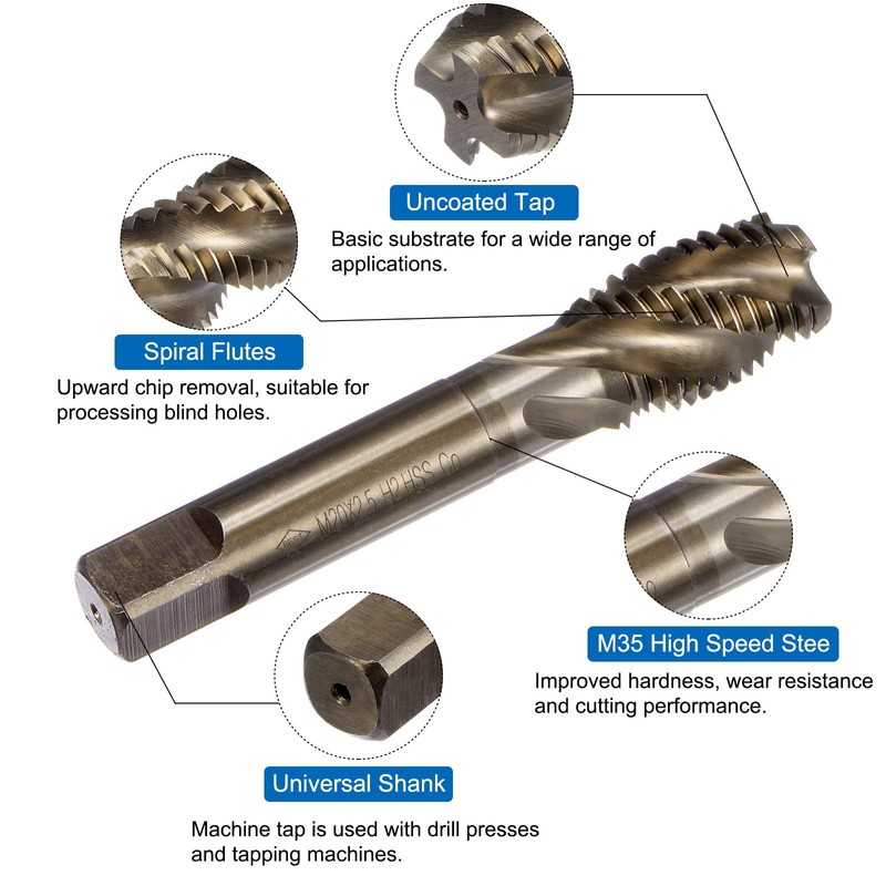 sourcing map Metric Spiral Flute Thread Taps, M20 x 2.5