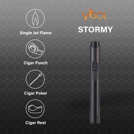 Visol Stormy Butane Torch Lighter Single Flame Refillable Gas Lighter, Built-in Punch, Detachable Holder and Poker, Fuel Window and Windproof Adjustable Flame Lighter (Shipped Without Butane)
