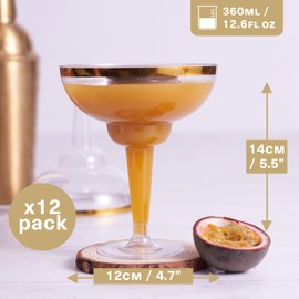 MATANA 12 Elegant Plastic Margarita Cocktail Glasses with Gold Rim (360ml / 12oz) - Sturdy & Reusable - Daiquiri Martini Glasses for Weddings Birthdays, Christmas & Outdoor Parties