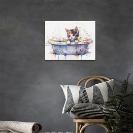 Quorin Cat Bathroom Wall Art Funny Bathtub Pictures Cute Animal Wall Decor Colorful Graffiti Canvas Print Painting Artwork for Bathroom Living Room Bedroom 16L x12W