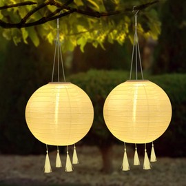 YIFMOO Solar Lanterns, Pack of 2 25 cm Solar Lanterns, Outdoor Weatherproof, LED Waterproof Lantern with 4 Tassels, Hanging Nylon Lantern for Gardens, Yards, Balconies, Wedding Decoration (Warm White)