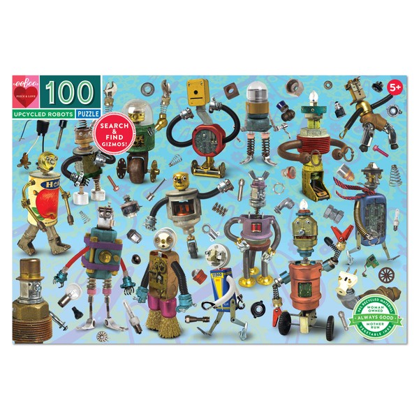 eeBoo: Upcycled Robots 100 Piece Puzzle, Perfect Project for Little Hands, Aids in Development of Pattern, Shape, and Color Recognition, Offers Children a Challenge, Perfect for Ages 5 and up
