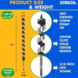 SOMADA 1-Inch x 17-Inch Auger Drill Bit for Wood, Quick Change Hex Shank 3/8-Inch One Piece, Ship Auger Long Drill Bit for Soft and Hard Wood, Plastic, Drywall and Composite Materials