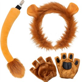 4 Pcs Lion Costume Accessory Kit, Headband Animal Ears Tail and Paw Set, Lion Costume for Adults, Brown Lion Headband Gloves, Animal Cosplay Accessories Kit for Kids and Adults Carnival Stage