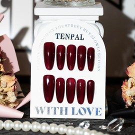 TENPAL Handmade Press on Nails Almond Cherry Red Nails Press ons Acrylic Fake Nails With Glue 10pcs/Box Soft Gel Dark Red Glue on Nails Reusable Glossy False Nails Kits For Women Girls Summer(S)