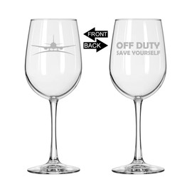 MIP Brand Wine Glass for Red or White Wine Two Sided Off Duty Save Yourself Airplane Pilot Flight Attendant (16 oz Tall Stemmed)