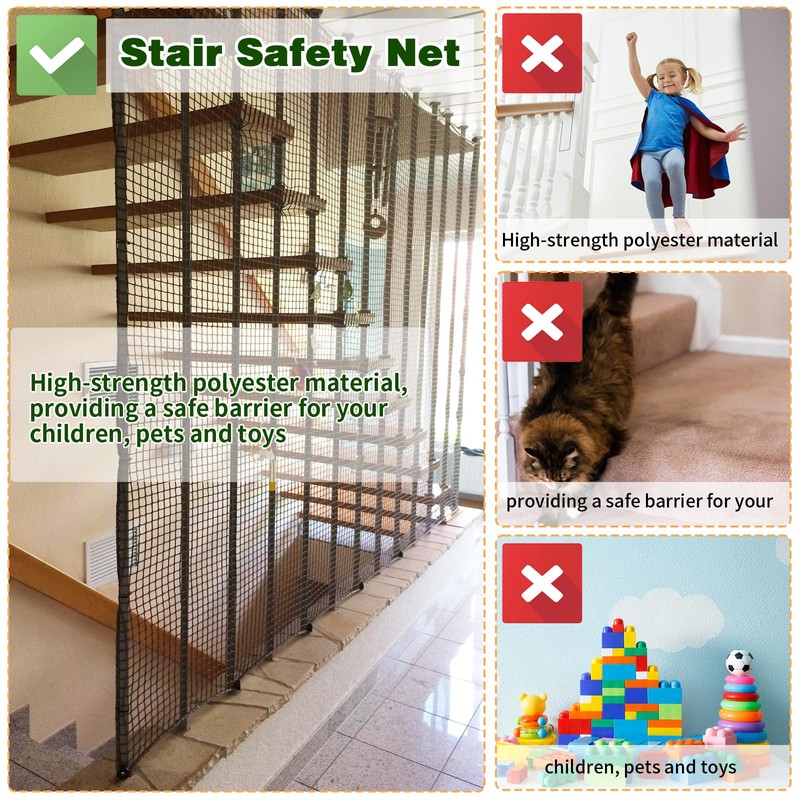 LAKNUAL Kids Pets Safety Rope Netting, Black Stairs Balcony Railing