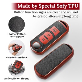 CTRINEWS for Mazda Key Fob Cover with Carbon Fiber Style Belt Keychain, Upgraded Soft TPU Surface Grain Case for CX-3 CX-5 CX-7 CX-9 Mazda 3 6 MX-5 Miata (3 buttons) Key Fob Shell (Red, A2)