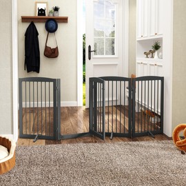 PUPETPO Freestanding Dog Gates with Door Walk Through, Dog Gate for Stairs, 80 inch Wide Dog Gates Indoor, Dog Fences Indoor, Support Feet Included, 4 Panels, 32" Tall, Grey