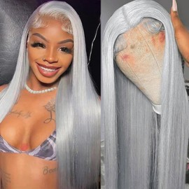 32 Inch Grey Lace Front Wigs Human Hair Pre Plucked 13x4 HD Transparent Lace Frontal Wigs Human Hair 180% Density Straight Gray Colored Glueless Wigs Human Hair with Baby Hair for Black Women