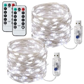 [2 Pack] Fairy String Lights, 12M 120LED USB Operated Copper String Lights Waterproof with 8 Modes Remote Timer for Outdoor/Indoor Bedroom, Wedding, Party, Christmas, Festival Decorations(Cold White)