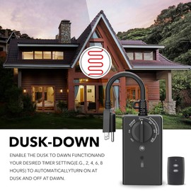 BN-LINK Outdoor Light Timer Waterproof 15A, 24-Hour Plug in Light Sensor Countdown Timer (2, 4, 6 or 8 Hours Mode), 100ft Range Remote Control with 2 Grounded Outlets for Home and Garden, ETL Listed