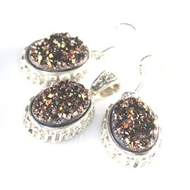 SILVER Vintage Style Golden Rainbow Titanium Druzy Oval Pendant & Earrings Jewelry Set