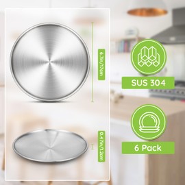 Offiper Stainless Steel Plates, 6 Set 6.7 inch 304(18/8) Metal Food Serving Plate, Reusable Snack Eating Dishes Round Shatterproof Plate Silver Dinnerware for BBQ Dinner Oven Dishwasher Safe