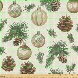 Lunarable Christmas Fabric by The Yard, Vintage Xmas Balls and Pine Cones A Merry Time for Beloved Ones, Decorative Fabric for Upholstery and Home Accents, 1 Yard, Green Brown and Coconut