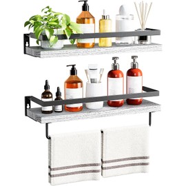 AMADA HOMEFURNISHING Bathroom Shelves with Towel Bar, Floating Shelves, Wall Shelves for Bathroom/Living Room/Kitchen/Bedroom, White, Set of 2 - AMFS01W