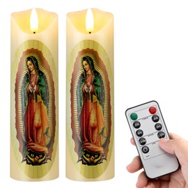 Baquler 2 Pcs Religious Flameless LED Prayer Candle Real Wax Baptism Set Devotion Candles Religious Decoration Gift for Home and Office, Battery Operated with Remote Control(Lady of Guadalupe)