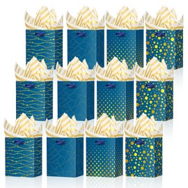 Ranfashiong 12 Pcs Sets 4.7”x4“x2.3” Small Bag with Tissue Paper Mini Gift Bags with Handles for Christmas, Birthday, Wedding, Baby Shower (Blue)