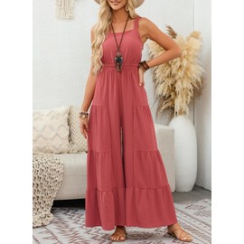 BLENCOT Sleeveless Jumpsuits for Women Summer Casual Loose Overalls Jumpsuit Ruffle Wide Leg Long Pant Flowy Rompers Pink Medium