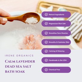 Irene Organics All Natural Bath Salt Soak - Exfoliating Dead Sea Salt + Himalayan Salt Bath Body Scrub for Calm, Soothing and Detoxing (Calm - Lavender)