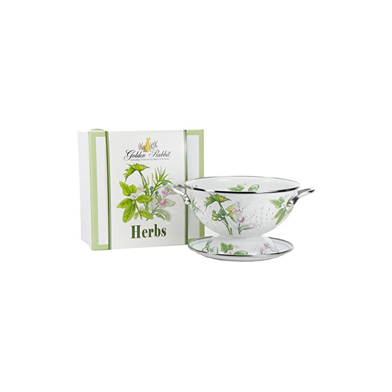 Golden Rabbit Enamelware Colander and Drip Plate Gift Set, Herbs