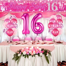 Sweet 16 Birthday Decorations for Girls Pink Happy Sweet 16 Banner 20 Pcs 16th Birthday Balloons 40 Inch Number 16 Balloons Hot Pink 16th Birthday Decorations for Sweet Sixteen Birthday Party