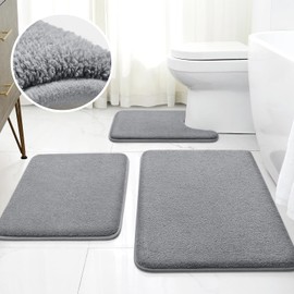 HOMEIDEAS Upgraded Bathroom Rugs Set 3 Piece, Extra Thick Absorbent Soft Memory Foam, Washable Toilet Bath Mat (Grey)