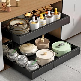 Expandable Pull Out Cabinet Organizer 16.2"Deep,Slide Out Drawers For Kitchen Cabinets,No Drill Adhesive with Nano Film,Pantry Or Bathroom Shelves,Adjustable Width 12.2"-20.5" Black