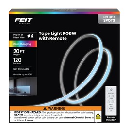 Feit Electric 20ft Color LED Tape Light, COB Technology, Customizable Length, Remote Control, Ultra-Thin 10mm Design, Perfect for Indoor Lighting, Shelves, Cabinets & Staircases, TAPE240/COB/RGB