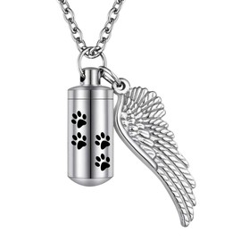 abooxiu Cylinder Cremation Necklace for Pet ashes Urn Necklace with Angel Wing Pet Paw Ashes Necklace for Dog/Cat Pet Memorial Keepsake Jewelry