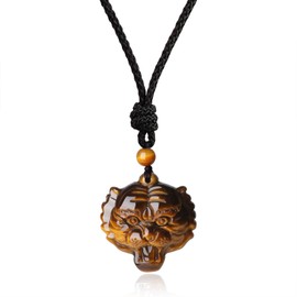 coai Tiger Eye Stones Chinese Auspicious Animals Tiger Head Healing Pendant Adjustable Necklace