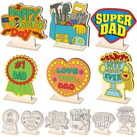 Ertyjikg 12 Set Father's Day Crafts for Kids Bulk DIY Color Your Own Father's Day Wood Tabletop Signs Father's Day Gifts for Dad Home Table Decorations