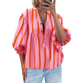 Tankaneo Womens Puff Sleeve Babydoll Tops Summer V Neck Striped Blouse Cute Casual Loose Fit Flowy Shirts Pink